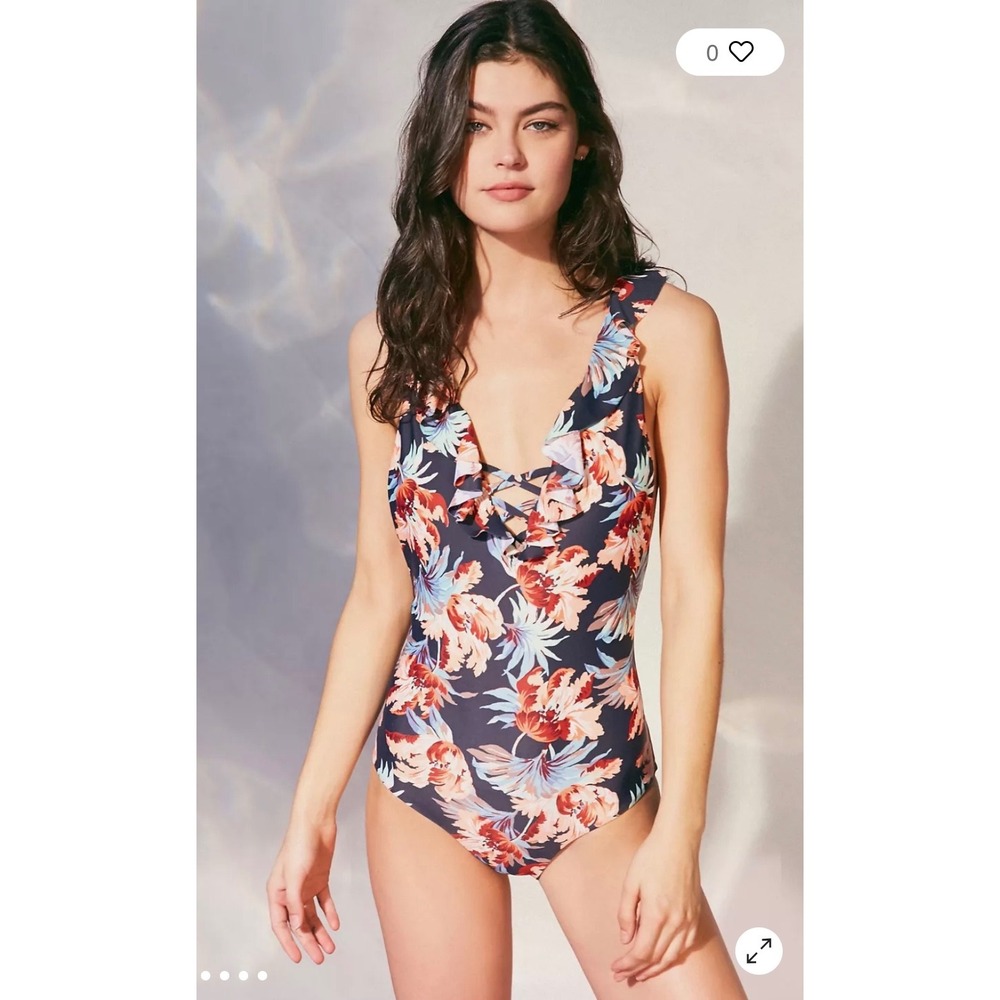 Tori Praver Swimwear Floral Ruffle Lace Up One Piece Swimsuit Large